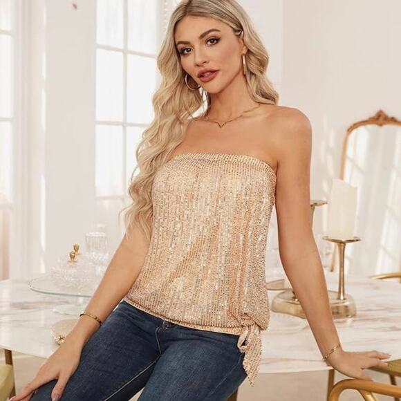 Grace Karin Strapless Bandeau Style Sequined Top Champagne Gold Size Medium - Picture 3 of 10